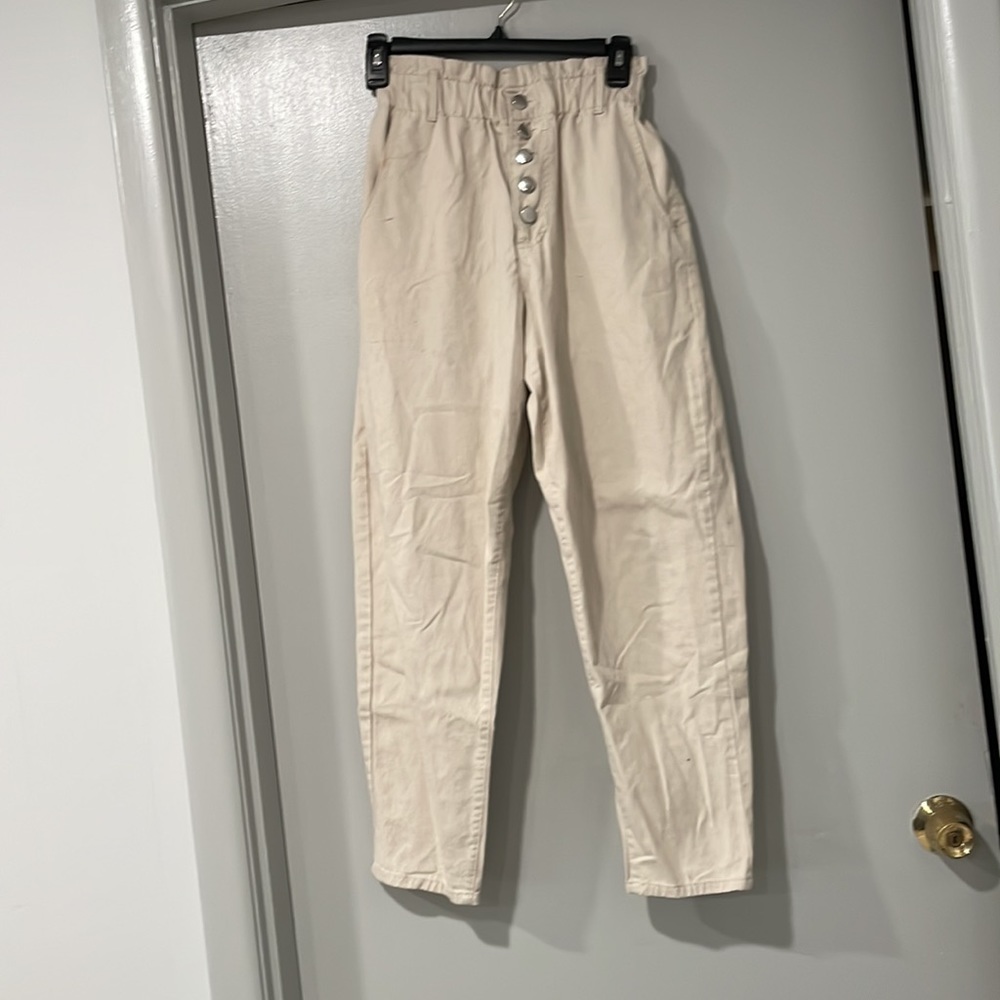 Beige straight leg high waisted pants